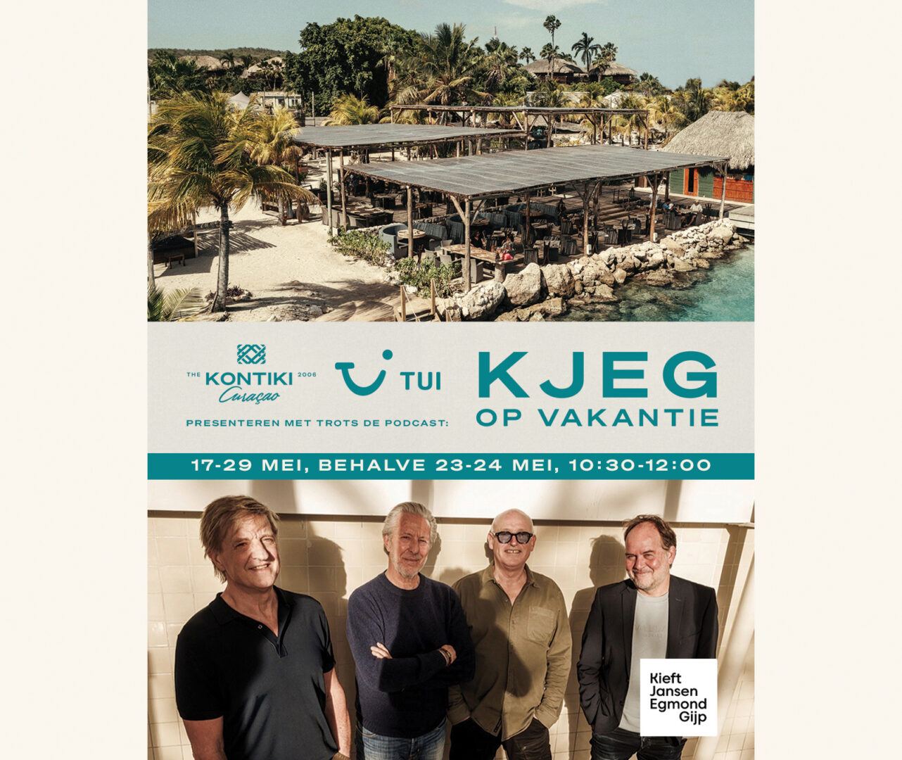 Podcast KJEG Kieft Jansen Van Egmond en Van der Gijp komen naar The Kontiki in samenwerking om hun podcast op te nemen op het strand van The Kontiki Beach Resort bij Mood Beach en Wet & Wild